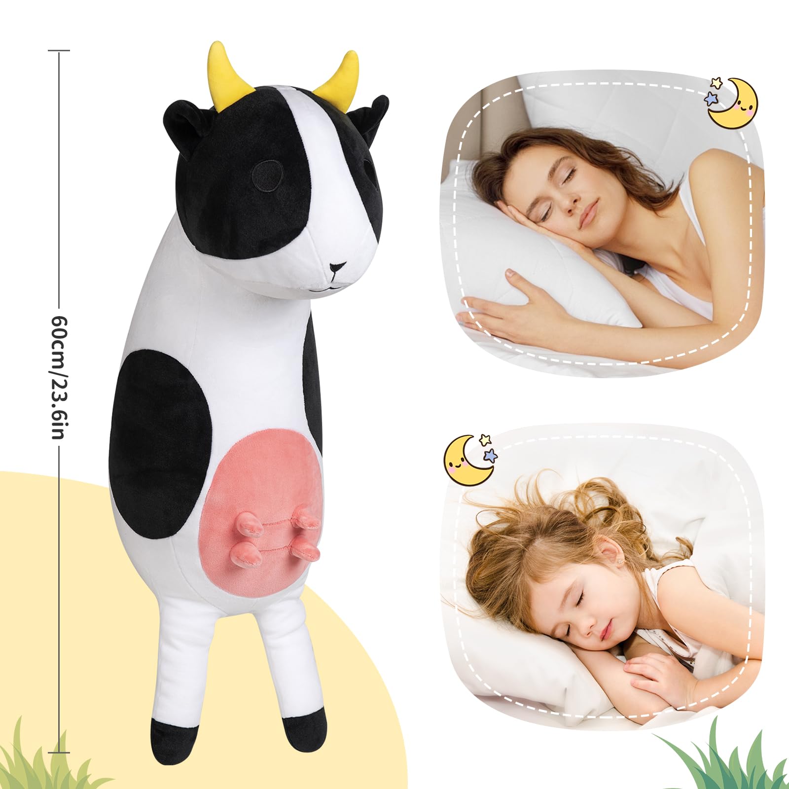 Kawaii Long Milk Cow Stuffed Animal, Large Soft Cuddle Cow Plush Body Pillow, Cute Stuffed Cow Plushies Toy Birthday Gifts for Kids Girls Women, and Males - 24"