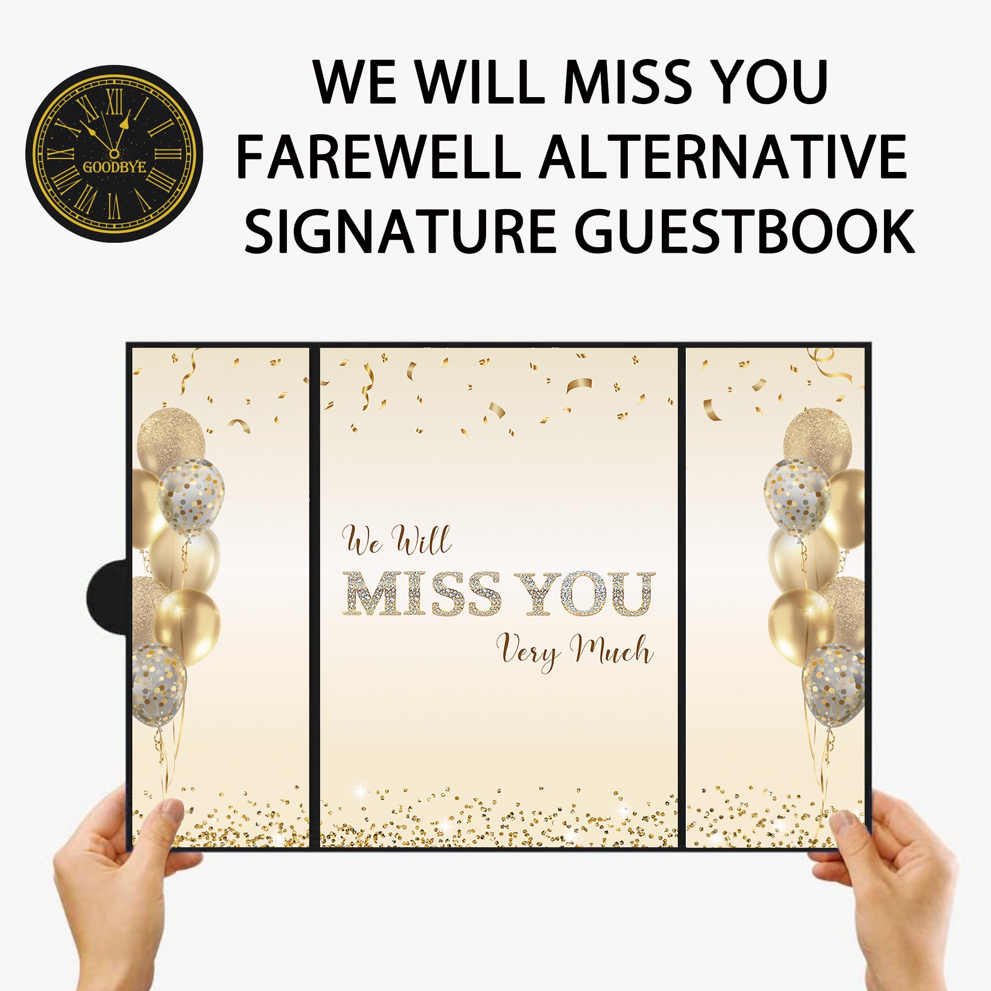 DARUNAXY Black Gold Farewell Party Decorations, We Will Miss You Very Much Alternative Signature Guest Book for Men Women Going Away Gifts Signing Card Board for Retirement Graduation Party Supplies