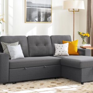 IULULU L Shaped Sectional Sofa, 82 Inch Convertible Sleeper Couch with Pullout Bed, Storage Chaise, Cupholders, 2 in 1 Pull Out Couch for Living Room, Apartment, Charcoal Grey