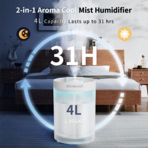 ultekmist Humidifiers for Bedroom, 2 in 1 Cool Mist Humidifiers for Home, Large Room, Baby Nursery and Plants, 4L Top Fill Cool Mist Humidifier with Oil Diffuser, Nightlight, 31H Runtime, 30db, Clear