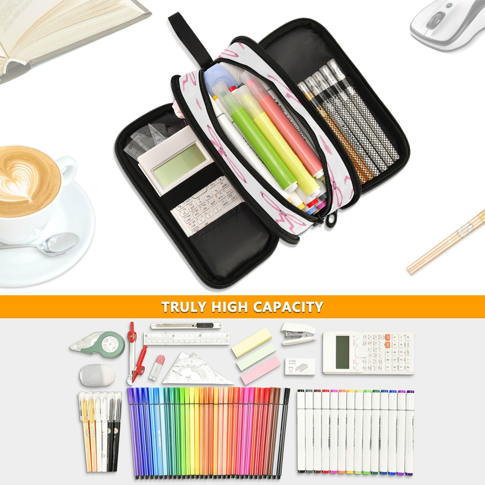 Caikeny Pencil Case Bows Hearts Pen Bag Ribbons Large Capacity Pencil Box Pen Pouch with Zipper Cosmetic Organizer for Kids Teens Adults