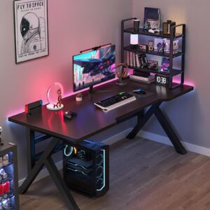 JENPECH 40In Gaming Desk, Computer Desk, Computer Game Table with X-Shaped Steel Legs, Ergonomic Sturdy PC Workstation Desk for Home Office with 2 Cable Holes (Black-24x40inch)