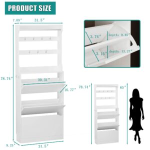 Shoe Cabinet for Entryway with 3 Flip Drawers, White Tall Wood Shoe Storage Cabinet with Coat Rack, Narrow Hidden Slim Freestanding Shoe Rack Organizer, 2 in 1 Hall Tree for Living Room, Hallway