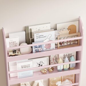 FOTOSOK Kids Bookshelf, Wall Mount 4-Tier Book Shelf Organizer for Toys and Books, Toy Storage Bookshelf in Bedroom, Living Room and Nursery, Pink