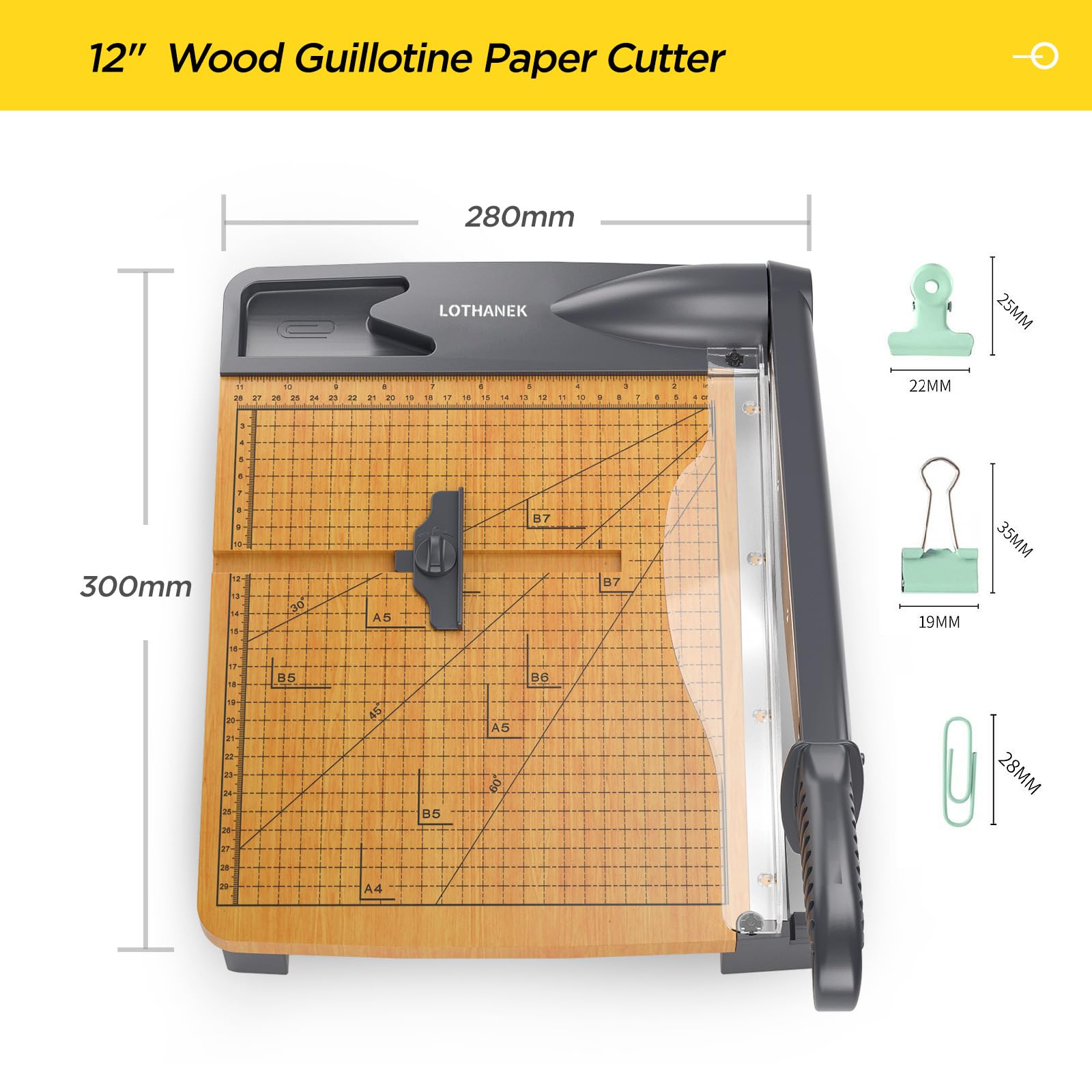 12'' Wood Guillotine Paper Cutter, Heavy Duty Wood Base Paper Trimmer with 32 Sheets Capacity Paper Cutting Board for Classroom, Crafting, Cardstock, Art Projects