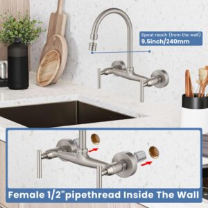 Airuida Wall Mount Kitchen Sink Faucet with Sprayer Brushed Nickel Wall Mounted Kitchen Faucet Shower Faucet Set with 8 Inch Rainfall Round Showerhead and Tub Spout Bathtub Faucet Kit Shower Tub Fauce