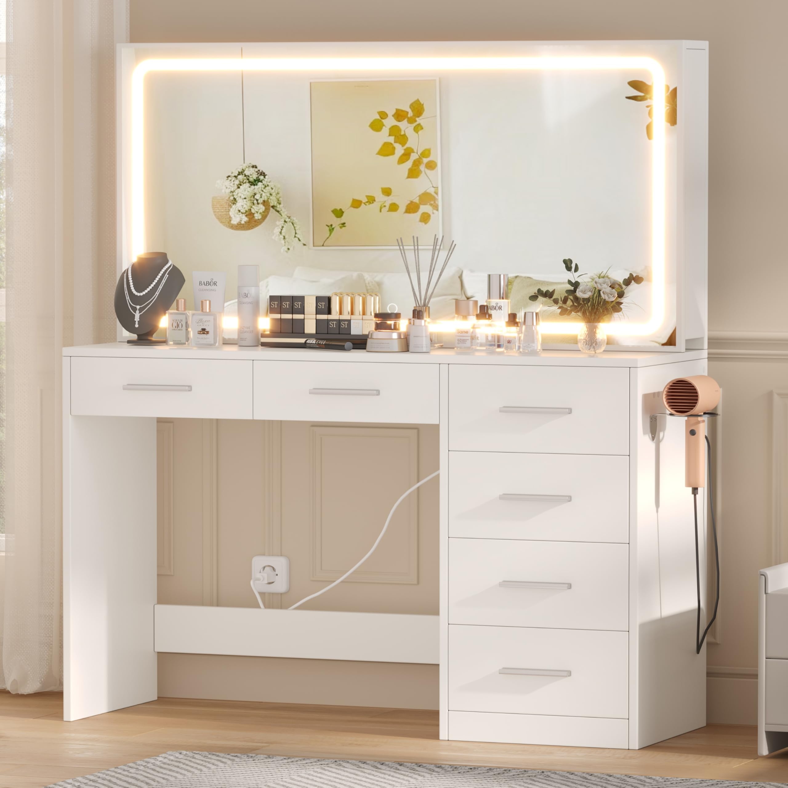 Keehusux 46.7" W Vanity Desk with Mirror and Lights, Makeup Vanity Table with Charging Station and Holder, Bedroom Dressing Table with 6 Drawers & Sliding Hidden Storage Shelves, White KES006WSZT