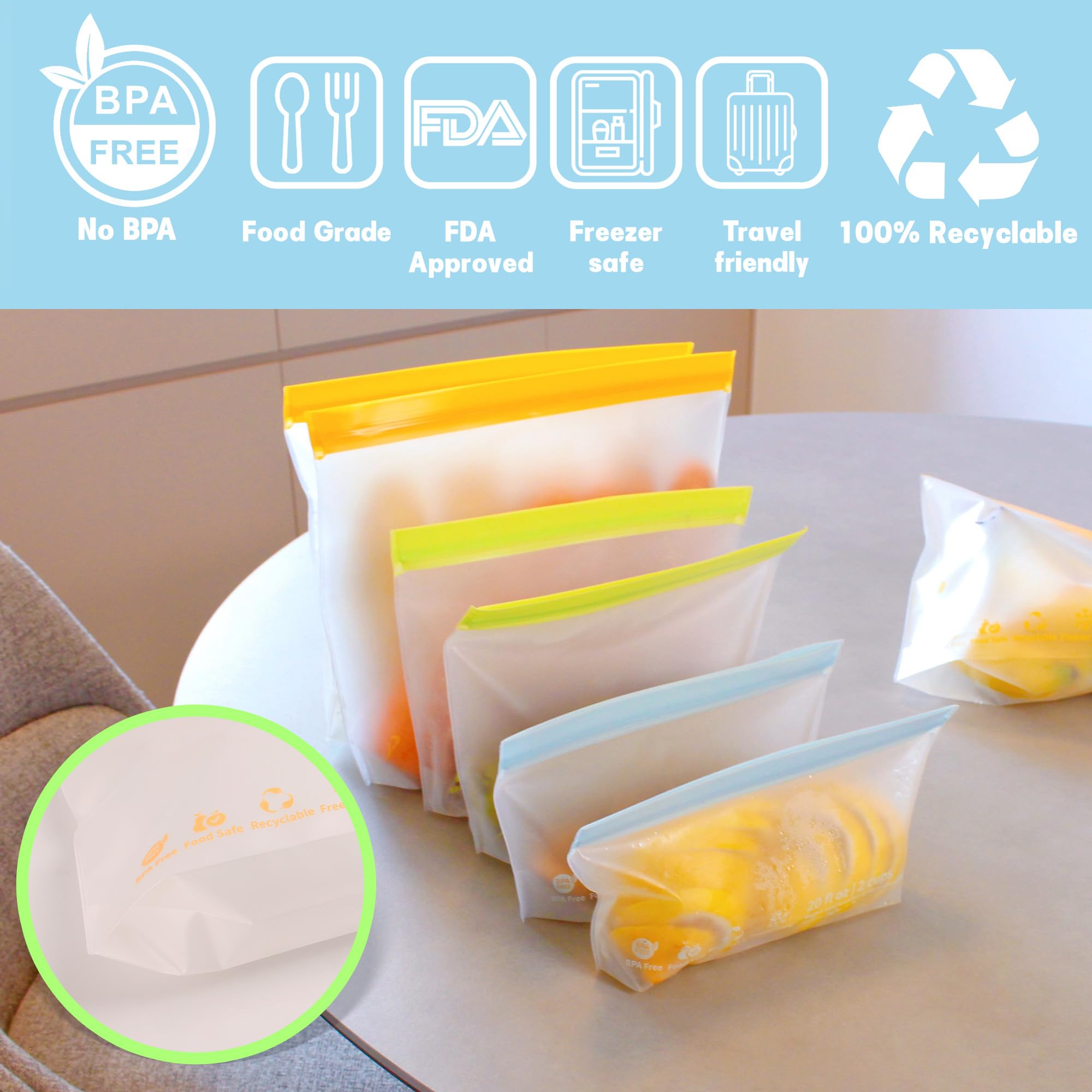 24 Pack Reusable Food Storage Bags,Leakproof Freezer Bags BPA Free Stand Up Sandwich Bags for Lunch Salad Fruit Travel,Dishwasher Safe(8 Gallon,8 Sandwich,8 Snack)