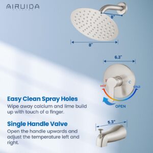 Airuida Wall Mount Kitchen Sink Faucet with Sprayer Brushed Nickel Wall Mounted Kitchen Faucet Shower Faucet Set with 8 Inch Rainfall Round Showerhead and Tub Spout Bathtub Faucet Kit Shower Tub Fauce