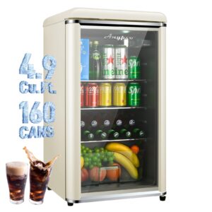 anypro retro beverage refrigerator cooler, 4.9 cu.ft mini fridge with tempered glass door, 160 can wine drink beer fridge, small refrigerator for office bedroom bar, 7 temperatures, adjustable shelves