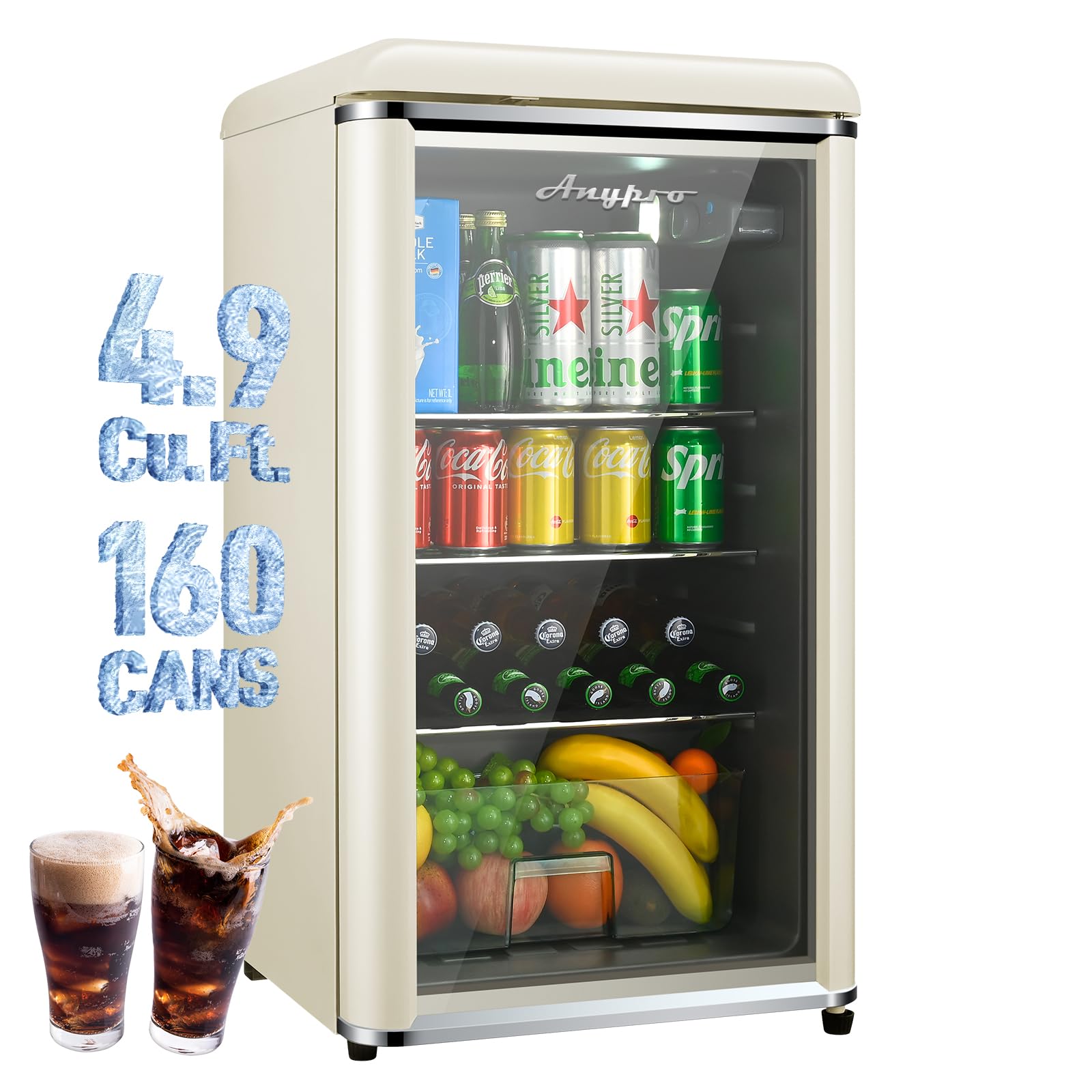 Anypro Retro Beverage Refrigerator Cooler, 4.9 Cu.Ft Mini fridge with Tempered Glass Door, 160 Can Wine Drink Beer Fridge, Small Refrigerator for Office Bedroom Bar, 7 Temperatures, Adjustable Shelves