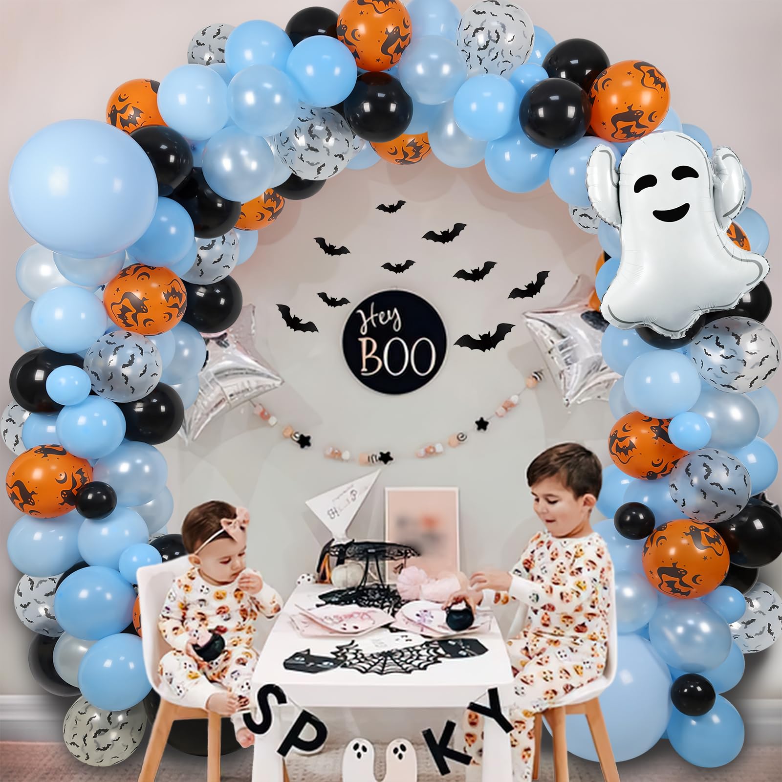 Halloween Baby Shower Decorations Boy, Halloween Balloon Arch Garland Kit with Halloween Foil Balloon 3D Bats for Happy BOO Day Halloween Theme Birthday Party Decorations