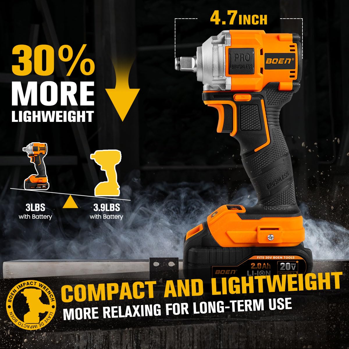 boen 260FT-LBS(350N.m) Cordless Impact Wrench 1/2 inch, Lightweight Brushless Electric Impact Gun, 2500RPM for Home Repair, Includes 2.0Ah Battery×1, Charger, IW-79