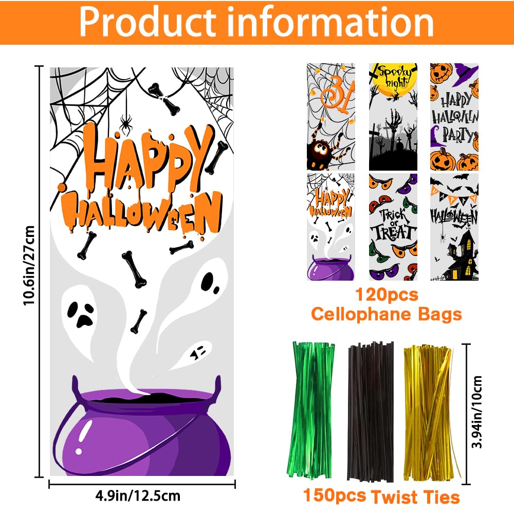 Vellibring 120 PCS Halloween Cellophane Treat Bags, Clear Plastic Halloween Candy Bags Trick or Treat Goodie Bags with 150 PCS Twists Ties for Halloween Snacks Cookies Packing Party Favors