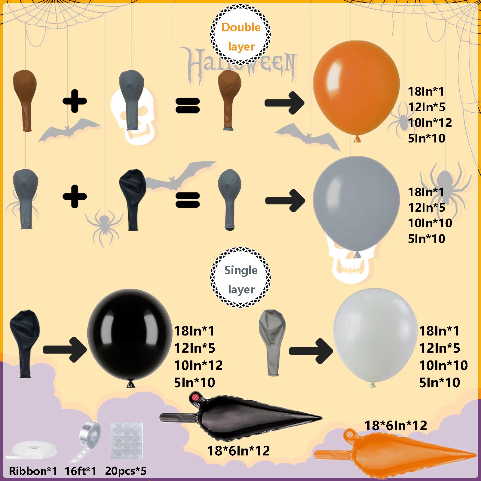 Halloween Balloon Arch Kit - Double Stuffed Orange Black and White Balloons Gray Sand White Star Balloons for Halloween Birthday Party Graduation Father's Day Anniversary Party Decoration