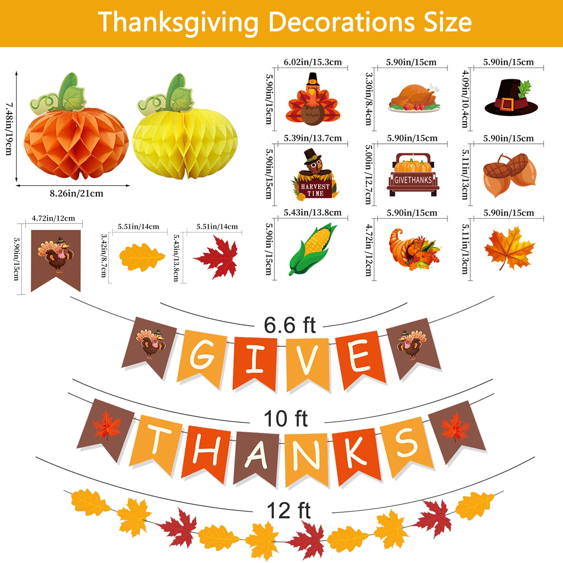 32Pcs Thanksgiving Decorations, GIVE THANKS Banner,Maple Leaf Garland,Autumn Hanging Swirls,Pumpkin Honeycomb Balls for Fall Hanging Party Supplies