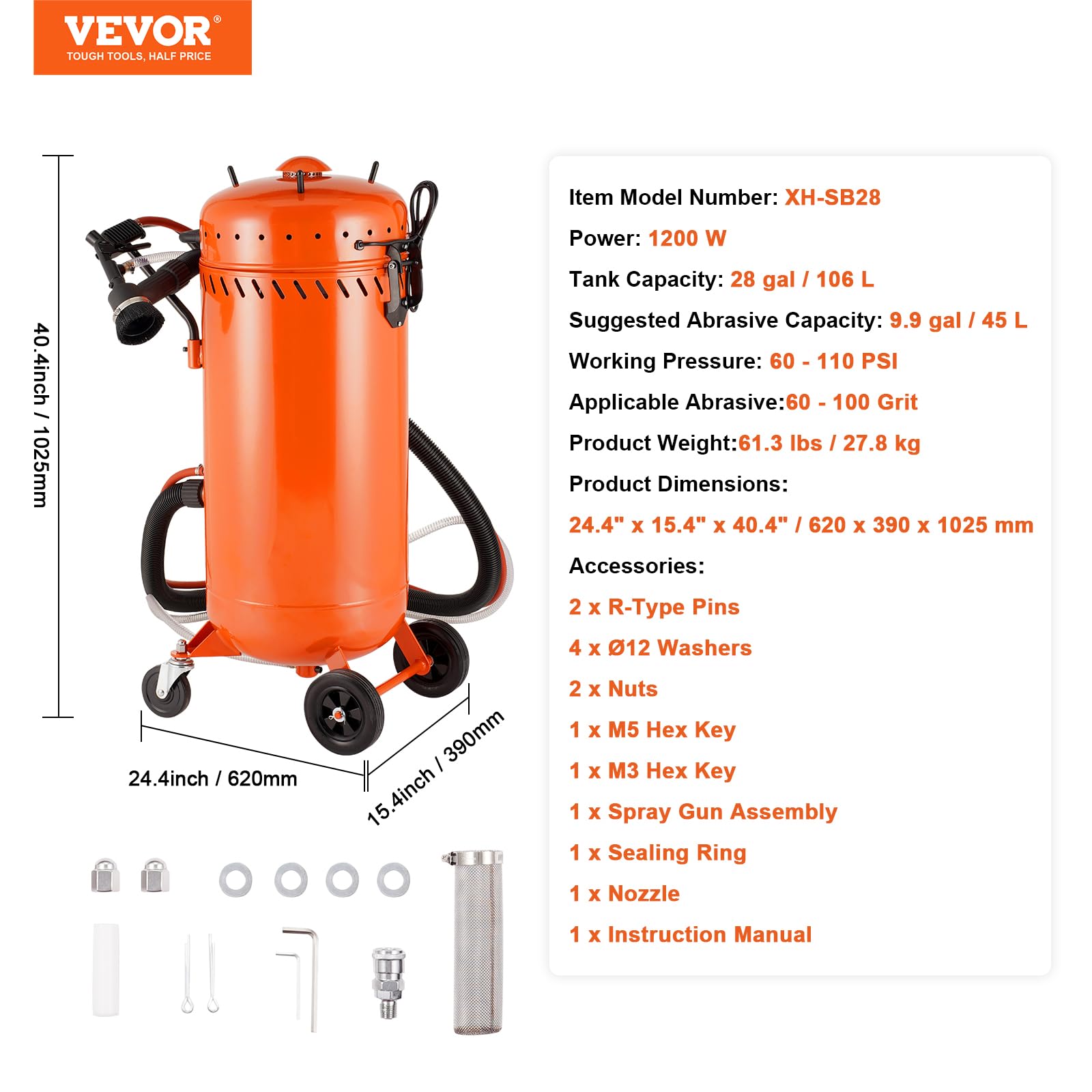 VEVOR 28 Gallon Vacuum Sand Blaster, Dustless Sandblaster with Built-in 1200W Vacuum System for Dust Control and Abrasive Recycle, 60-110 PSI Heavy Duty Dustless Blasting Machine