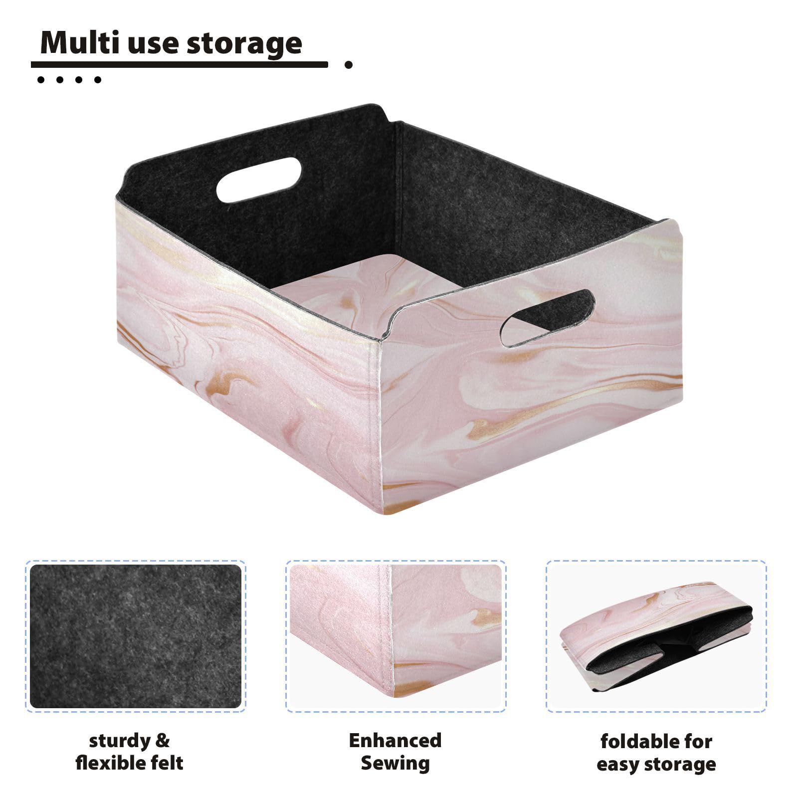 YETTASBIN Rose Gold Marble Felt Storage Baskets with Handle, Collapsible Open Storage Bin Drawers Storage Box for Shelf Closet Office Bedroom Nursery Home, 14 x 5 x 10 Inch