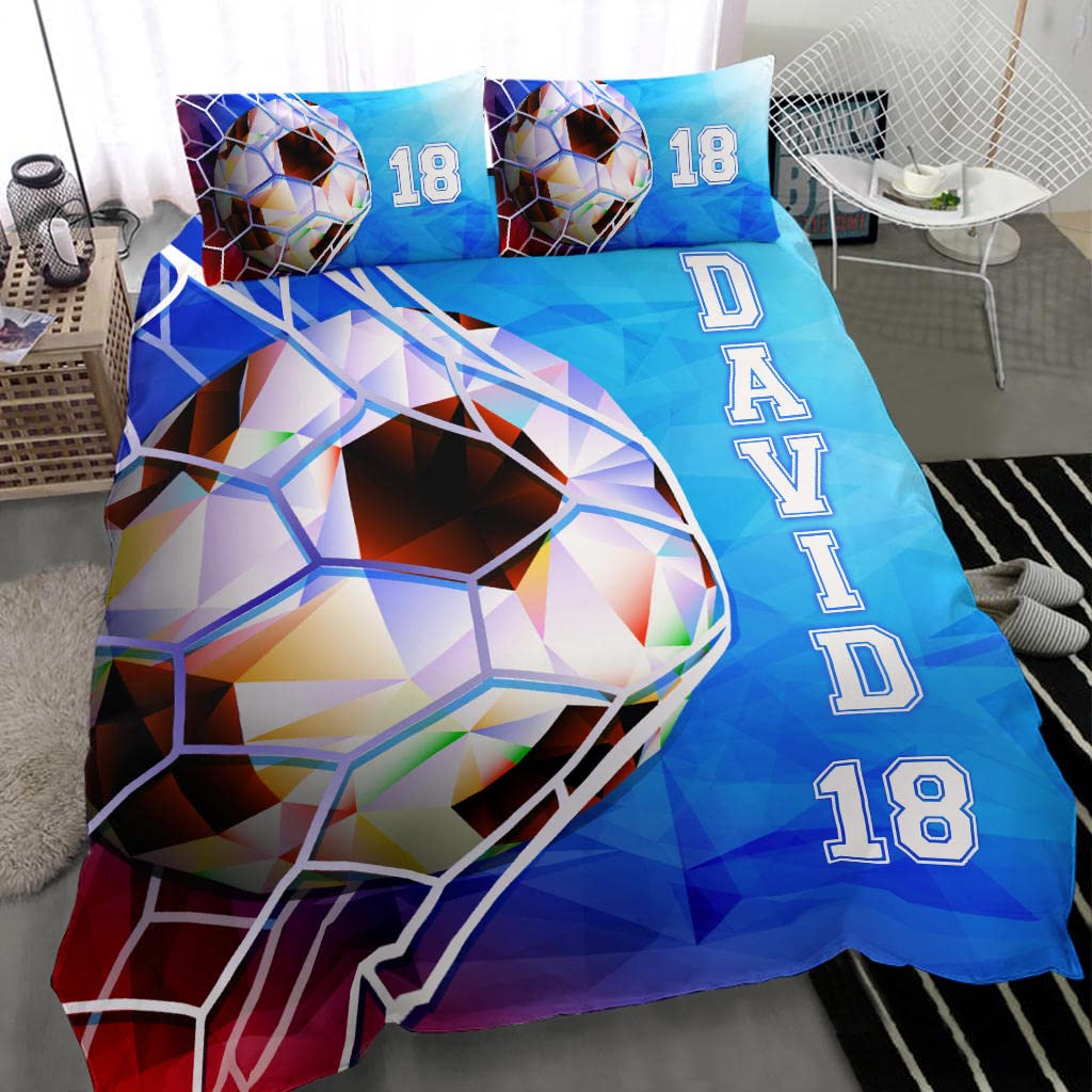 OhaPrints Custom Soccer Blue Geometric Pattern Player Gift Personalized Name Number Duvet Cover & Pillowcase, Lightweight Duvet Protector Comforter Cover, Twin Full Queen King Size Bedding Bed Set