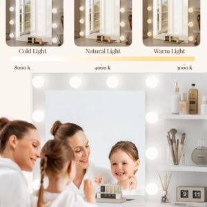 SECRET NATURAL Vanity Mirror with Lights Desk & Stool, Makeup Table Set with Drawers, Vanity Table for Bedroom with Storage Shelves & Acrylic Cabinet, 3 Lighting Modes Adjustable Brightness, White