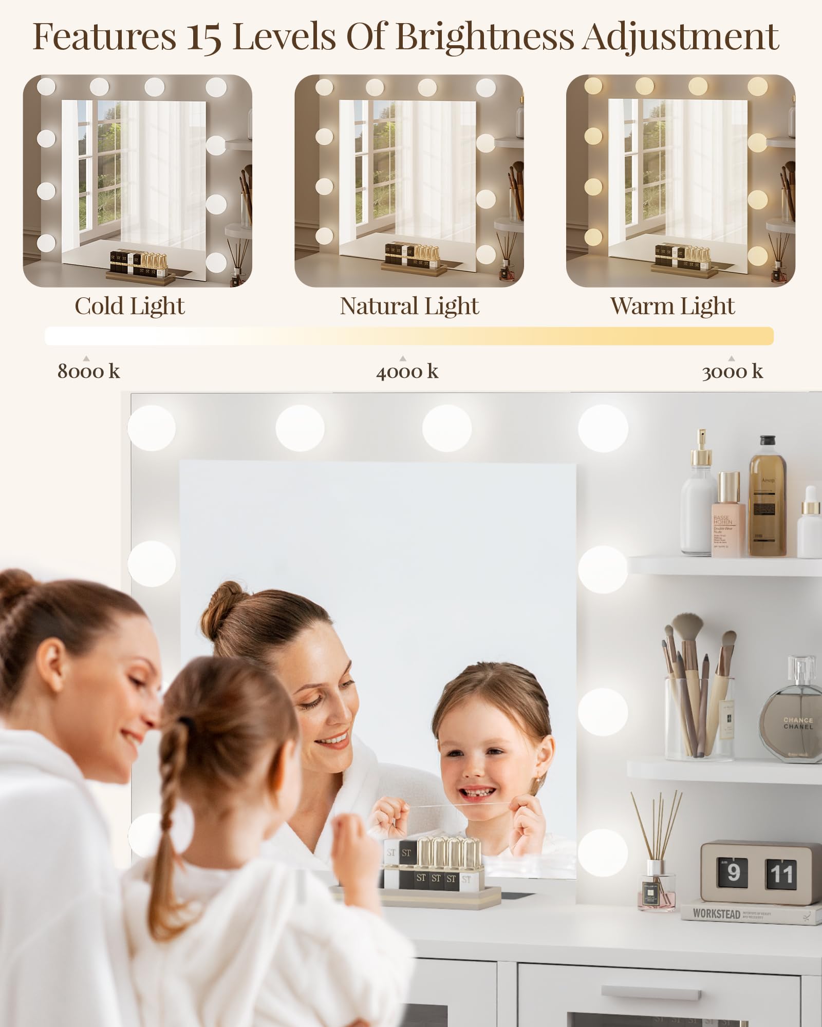 SECRET NATURAL Vanity Mirror with Lights Desk & Stool, Makeup Table Set with Drawers, Vanity Table for Bedroom with Storage Shelves & Acrylic Cabinet, 3 Lighting Modes Adjustable Brightness, White