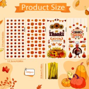 Thanksgiving Treat Bags, 100PCS Thanksgiving Goodie Bags with Twist Ties, Thanksgiving Gift Bags Plastic Candy Bags Cellophane Treat Bags Party Favor Bags Cookie Bags Fall Pumpkin Maple Leaves Bulk