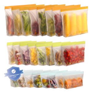 24 pack reusable food storage bags,leakproof freezer bags bpa free stand up sandwich bags for lunch salad fruit travel,dishwasher safe(8 gallon,8 sandwich,8 snack)