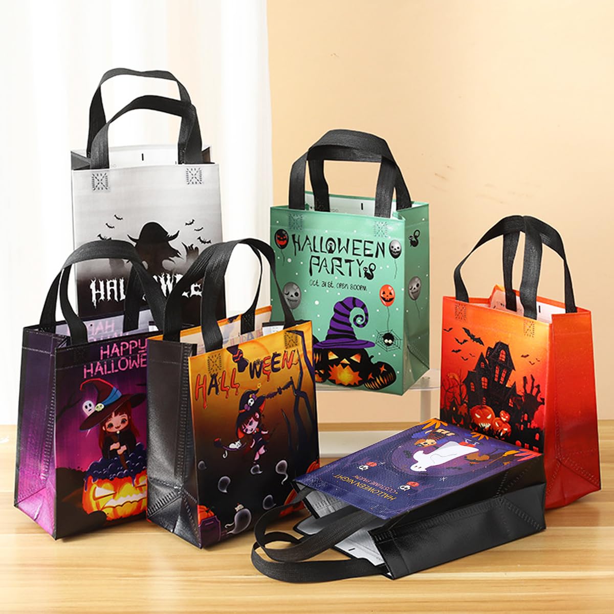 ZJHiome Halloween Trick or Treat Bags,6Pcs Halloween Bags with Handles,Non-Woven Reusable Tote Candy Bags for Halloween Party Supplies