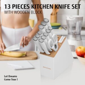 diamosteel White Knife Set with Block, 13 Pieces Knife Block Set with Built-in Sharpener Scissors for Kitchen, High Carbon Stainless Steel Knife Set