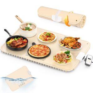 food warming mat - electric warming tray full surface heating with detachable plug, adjustable temperature and 12 hours timer, roll up food warmers for parties buffet, gathering, holiday(beige)