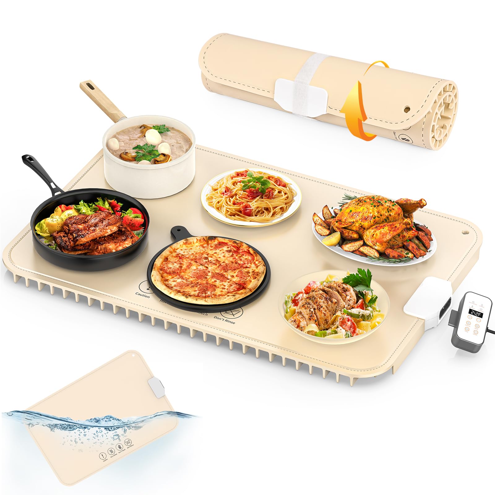 Food Warming Mat - Electric Warming Tray Full Surface Heating with Detachable Plug, Adjustable Temperature and 12 Hours Timer, Roll Up Food Warmers for Parties Buffet, Gathering, Holiday(Beige)