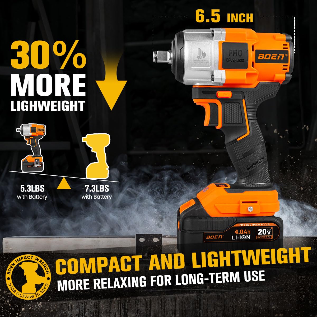 boen Cordless Impact Wrench 1/2 inch, 600FT-LBS(800N.m), Brushless Electric Impact Wrench, 2200RPM High Torque Impact Gun for Car Home, Includes 4.0Ah Battery×1, Charger, IW-75