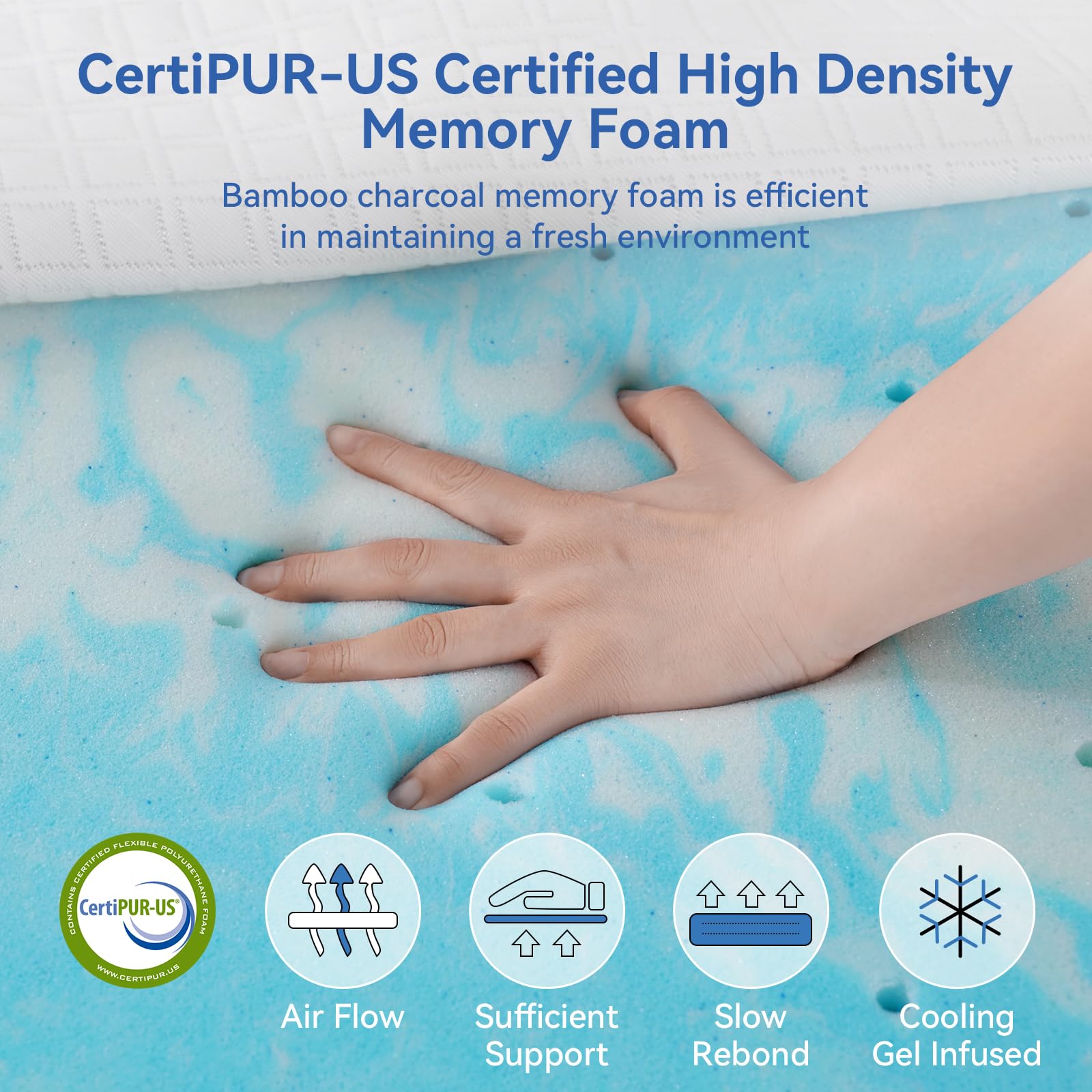 Extra Firm Mattress Topper 4 Inch Queen, Firm Memory Foam Bed Topper for Pain Relief, Gel Bamboo Charcoal Cooling Mattress Pad High Density Mattress Topper with Removable Cover, CertiPUR-US Certified