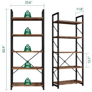 Walsunny Bookshelf, 5 Tier Bookshelves, Home Office Bookcase Shelf Storage Organizer, Free Standing Storage Shelving Unit for Bedroom, Living Room and Home Office,Rustic Brown