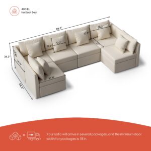 VOLUNCE Modular Sectional Sofa, Sectional Sleeper Sofa Bed with 6 Storage Seats Throw Pillows, Convertible U Shaped Sofa Couch for Living Room, Upholstered Cloud Couch for Apartment, Beige