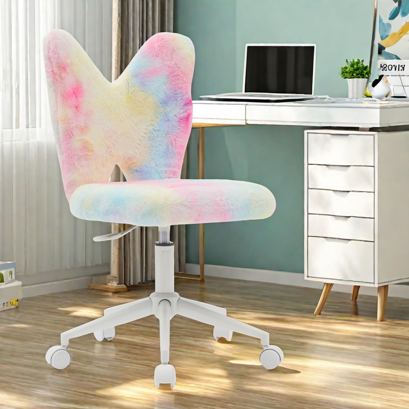 BlissInno Kids Chair, Cute Fuzzy Butterfly Girls Desk Chair, Rolling Study Reading Chair for Girls, Comfy Swivel Computer Chair with Wheels & Back, Adjustable Childrens Vanity Chair for Bedroom