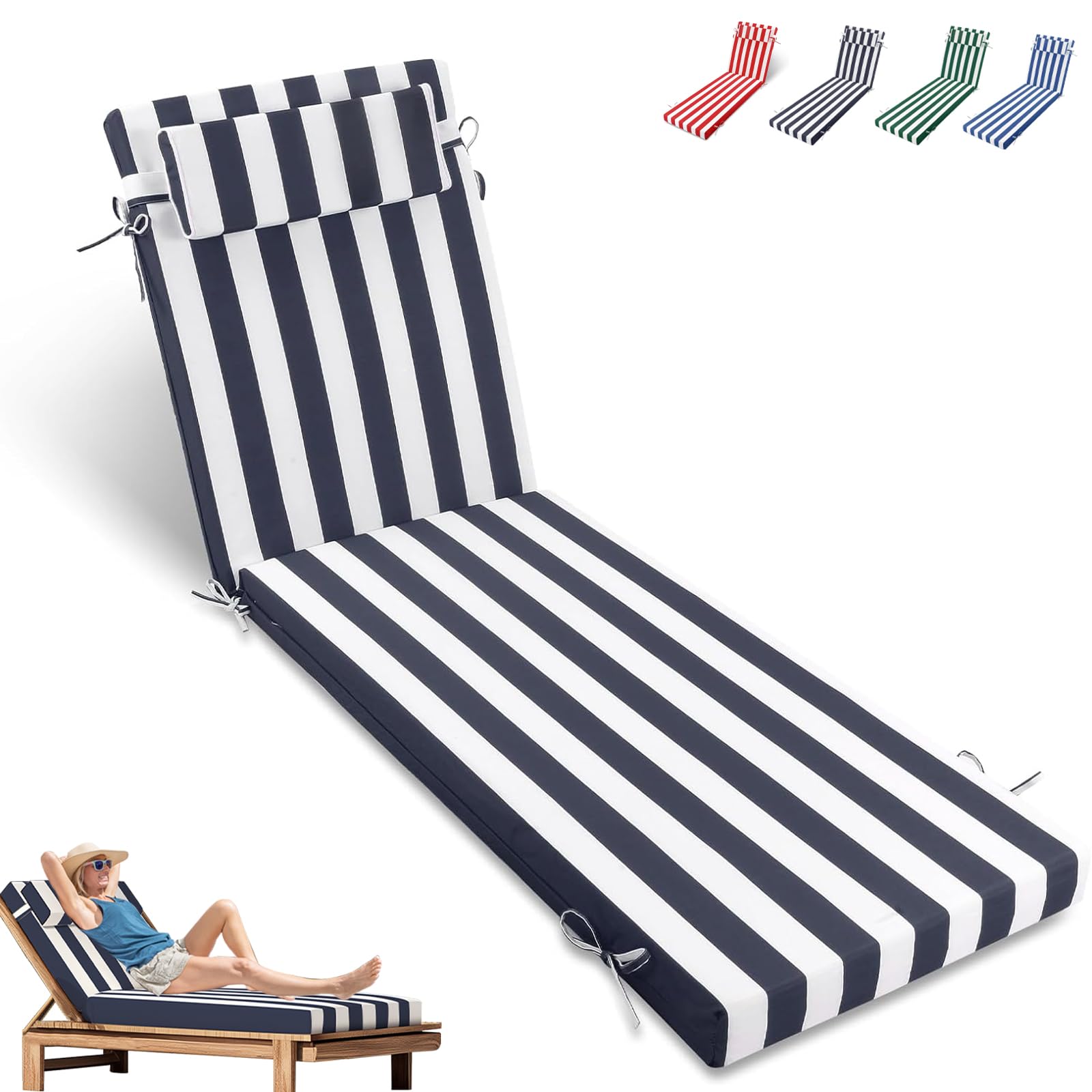 Sauqzoh Chaise Lounge Cushion for Outdoor Furniture, 3 inch Waterproof Foam Chair Cushion with Ties, Bench Seasonal Replacement Cushions for Summer Patio Beach Pool (1, Navy/White Stripe)