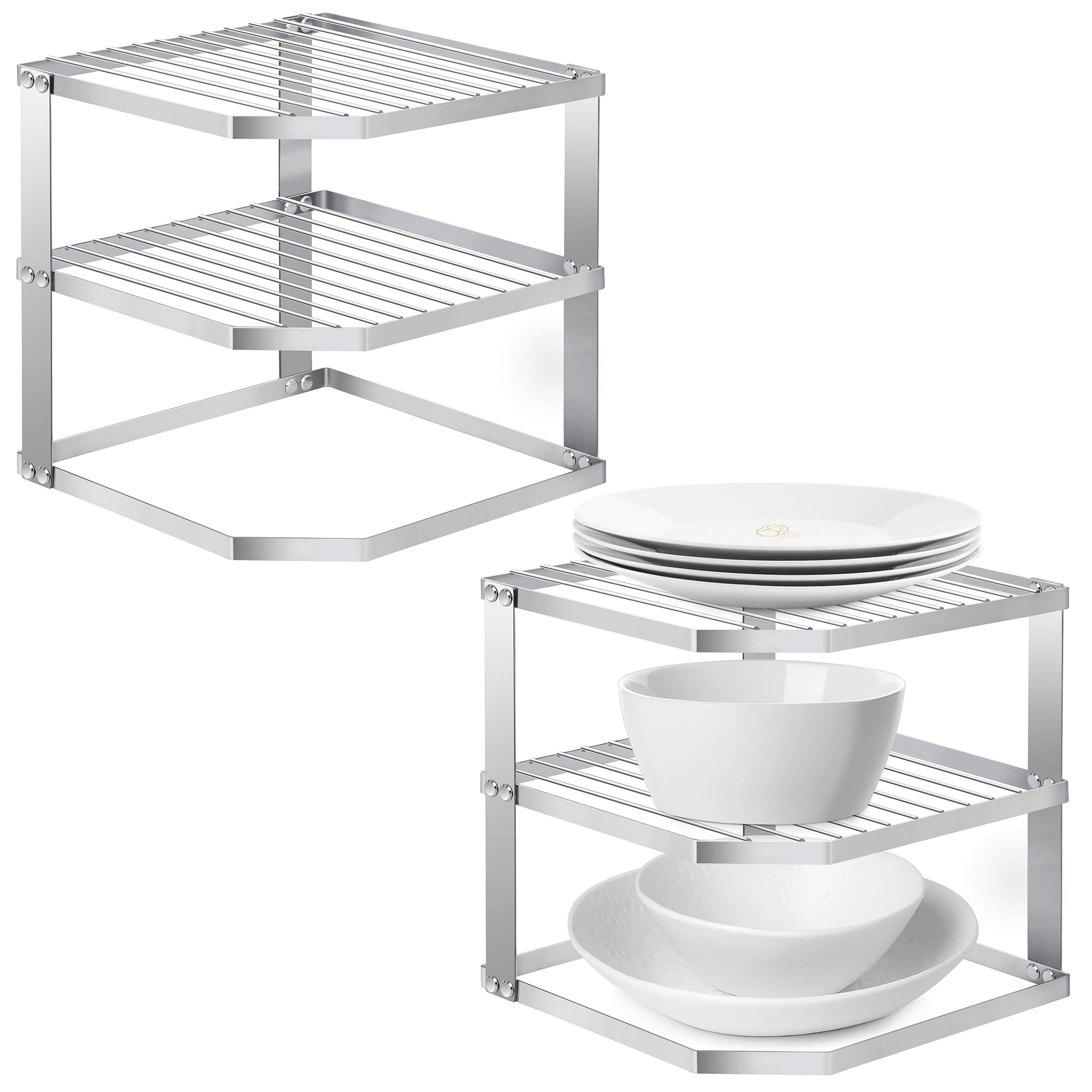 Lonian 3 Tier Counter and Cabinet Corner Shelf Organizer, 2-Pack Kitchen Countertop and Cupboard Organizer Rack, Metal Pantry Organizer and Storage Shelf for Plates, Cups, Dishes ﻿