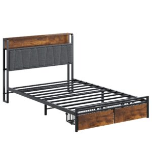 SogesSleep Twin Bed Frames with Headboard, Upholstered Twin Size Bed Frames with Storage and Charging Station & LED Lights, No Box Spring Needed Bed Frame, Noise Free & Easy Assembly