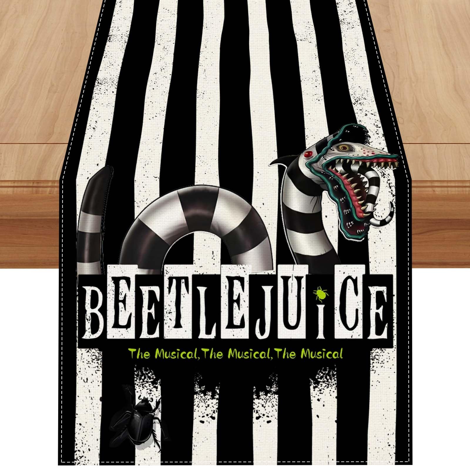 Linen Black and White Stripe Beetlejuice Halloween Table Runner 72 Inches Long Scary Halloween Birthday Party Decorations and Supplies for Home Kitchen Dining Room Table