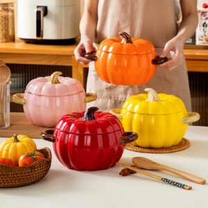 Dutch Oven Pot with Lid, Pumpkin Pottery Dessert Saucepan, Mini Baking Dish Cute Pumpkin Bowl, Covered Dutch Oven Ceramic Stockpot, Pumpkin-Shaped Casserole (Yellow)