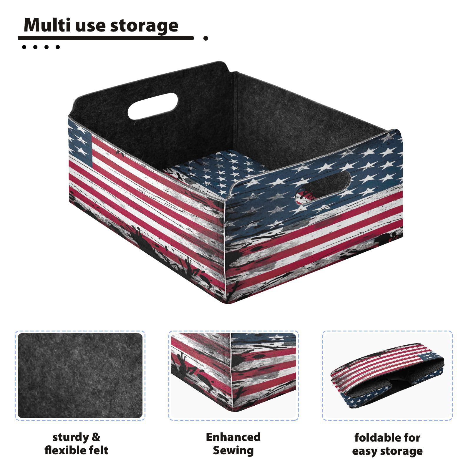 YETTASBIN American Flag Felt Storage Baskets with Handle, Collapsible Open Storage Bin Drawers Storage Box for Shelf Closet Office Bedroom Nursery Home, 14 x 5 x 10 Inch