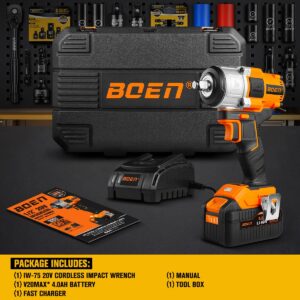 boen 260FT-LBS(350N.m) Cordless Impact Wrench 1/2 inch, Lightweight Brushless Electric Impact Gun, 2500RPM for Home Repair, Includes 2.0Ah Battery×1, Charger, IW-79