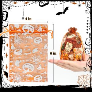 JOINDO 100 pcs Halloween Treat Bags for Candy, 4x6 Drawstring Organza Goodie Bags, Small Gift Bags for Party Favor (Pumpkin, Spider web, Skull, Bat)