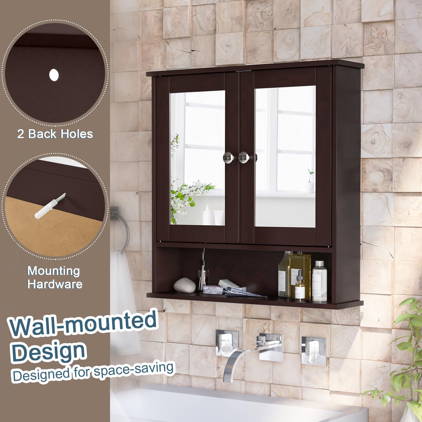 RELAX4LIFE Wall Bathroom Cabinet with Mirror - Wood Over The Toilet Storage Cabinet Space Saver w/2 Doors, Adjustable Shelf & Open Compartment, Modern Wall Mount Medicine Cabinet (Brown)