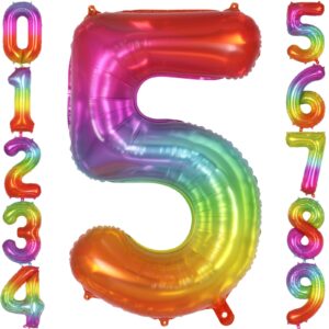 rainbow number 5 balloon 40 inch, big large foil number balloons, gradient colorful mylar 5 balloon for 5 year old birthday jelly party decorations supplies anniversary