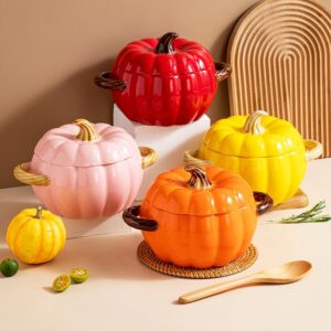 Dutch Oven Pot with Lid, Pumpkin Pottery Dessert Saucepan, Mini Baking Dish Cute Pumpkin Bowl, Covered Dutch Oven Ceramic Stockpot, Pumpkin-Shaped Casserole (Yellow)