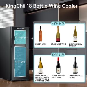 KingChii 18 Bottle Wine Cooler Refrigerator Dual Zone Wine Fridge - Intelligent Digital Control, Low Noise Professional Compressor, Freestanding for Home, Office, or Kitchen