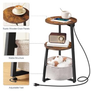 HOOBRO Small Round Side Table with Charging Station, Round End Accent Table with Fabric Storage Basket, Compact Sofa Bedside Table for Small Space in Living Room, Bedroom, Rustic Brown BF169UBZ01