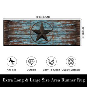 Western Hallway Runner Rug 2x6,Western Barn Texas Star on Old Wooden Plank,Rustic Throw Accent Area Rug Non Slip Washable Rug Runner Floor Carpet for Entryway Hallways Kitchen Laundry Bathroom,Teal